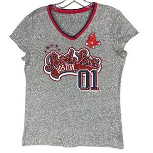 Boston Red Sox Womens 18 Heather Gray V-Neck Bling Graphic Tee By 5th & Ocean